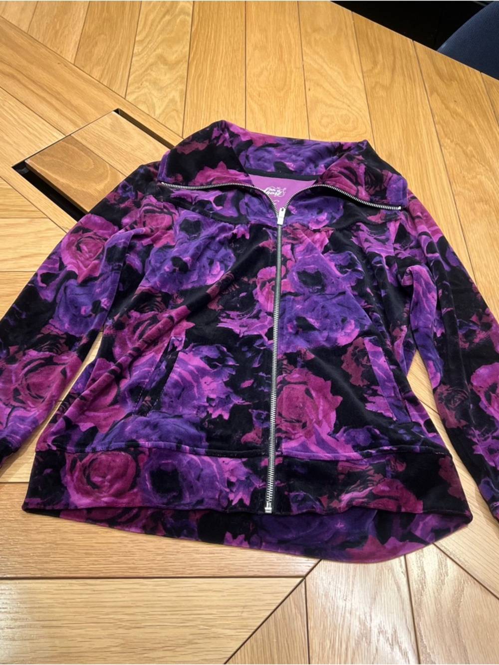 Style & Co. Purple and Black Floral Velour Zip Bomber Jacket